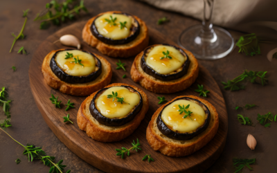 Crostini croccanti, provolone dolce, melanzane e miele