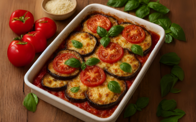 Tortino di melanzane, pomodori e provolone al forno