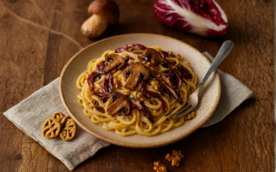 Spaghetti con Provolone Dolce, Porcini e Radicchio